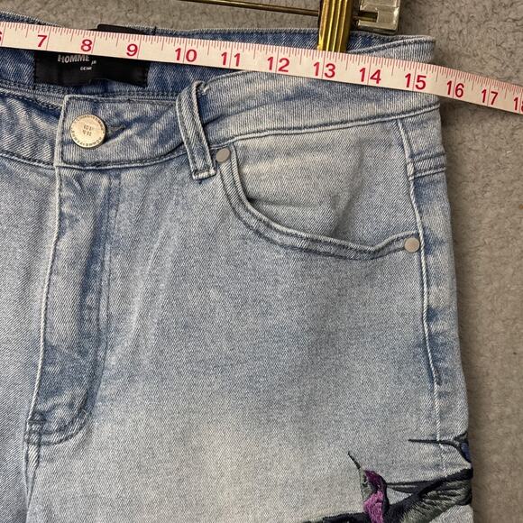 Homme + Femme Denim Shorts Embroidered Flowers Hummingbirds Size 32 Streetwear - Picture 3 of 8